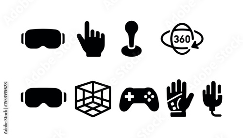 Virtual reality solid icon set. vr, gaming, interactive experience icons solid collection