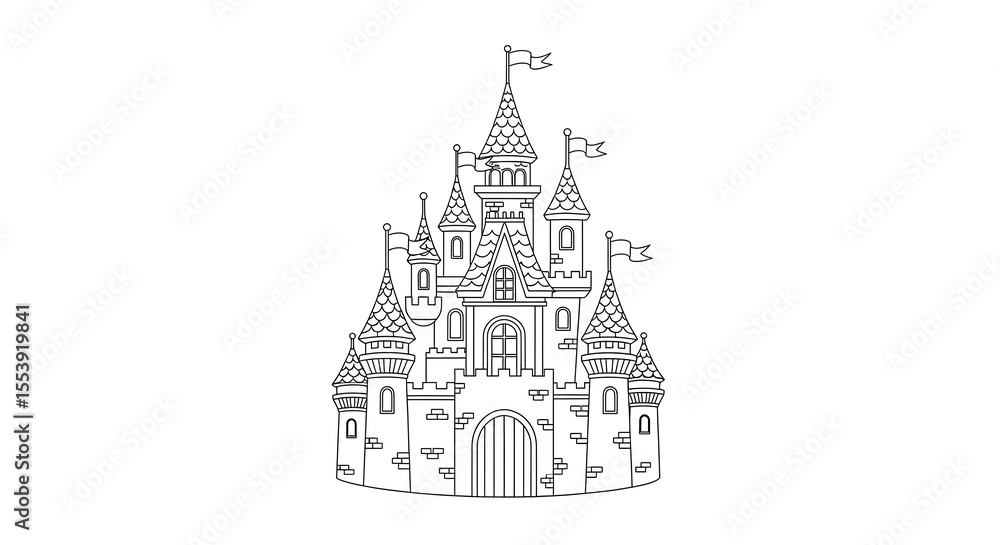 Obraz premium Whimsical fairytale castle with flags and towers isolated on transparent background