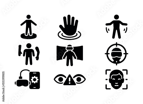 Virtual reality silhouette icon set. immersive technology, gaming experience collection