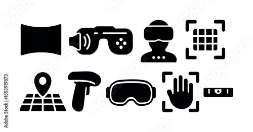 Virtual reality devices solid icon set. headset, controller, augmented symbols