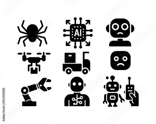 Technology and robotics solid icon set. gadgets, innovation, automation icons collection