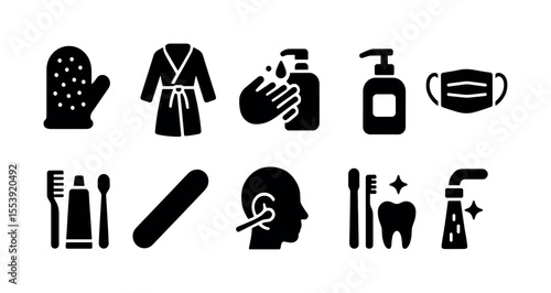 Personal hygiene silhouette icon set. bath, oral care, cleanliness silhouette collection