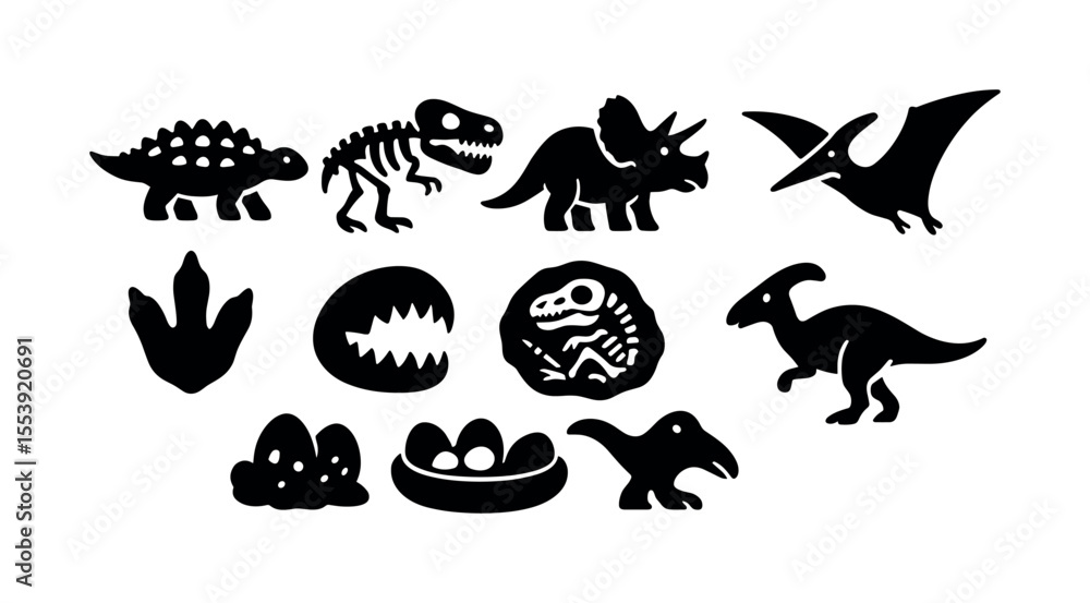 Naklejka premium Dinosaur silhouette icon set. fossils, eggs, prehistoric creatures collection