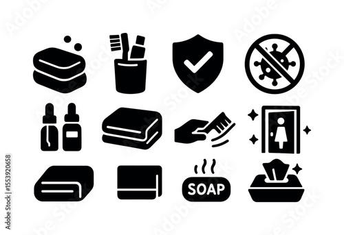 Personal care solid icon set: hygiene essentials, grooming, virus prevention icons