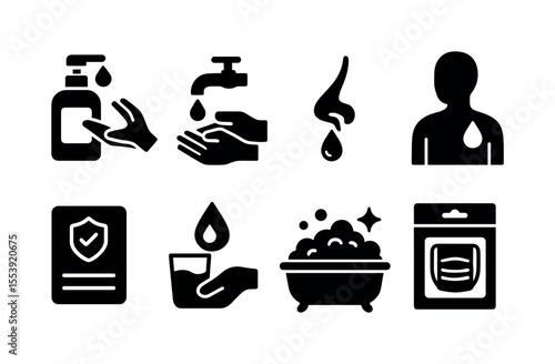 Hygiene and sanitization solid icon set. personal, health, cleanliness icons collection