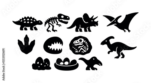 Dinosaur silhouette icon set. fossils, eggs, prehistoric creatures collection