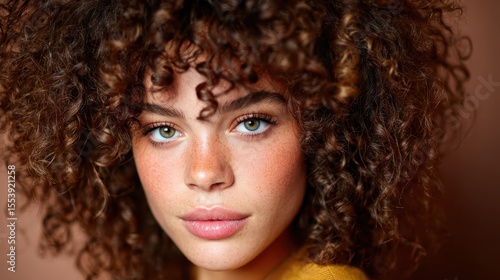 Wallpaper Mural A captivating close-up portrait of a young woman with vibrant, curly hair, highlighting her striking features and beautiful green eyes against a warm backdrop. Torontodigital.ca
