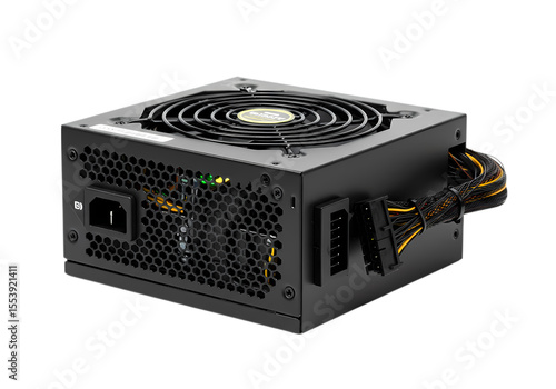 ATX PC Power Supply Unit A CloseUp View of a Black Computer Power Supply isolated on transparent baackground