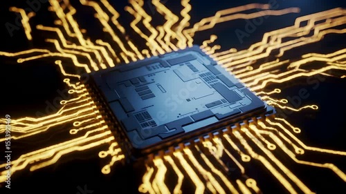 Futuristic Neuromorphic Chip with Pulsating Neural Signals on Black Background – Loopable High-Tech Concept Video