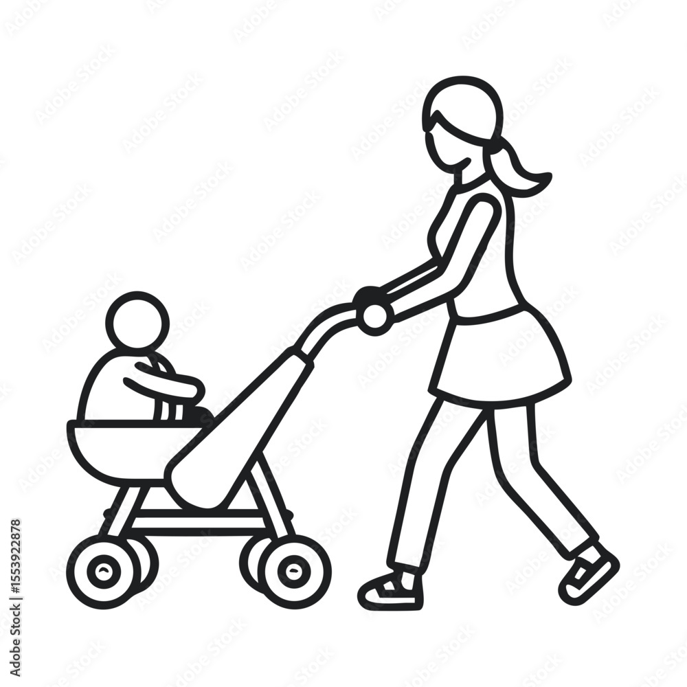 Mom Pushes Stroller While Walking on a Sunny Day in the Park Mom Pushes Stroller While Walking on a Sunny Day in the Park