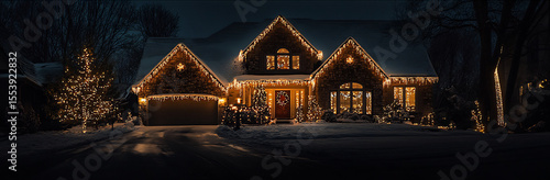 Christmas lights on house exterior home decoration winter snow festive holiday season residential building