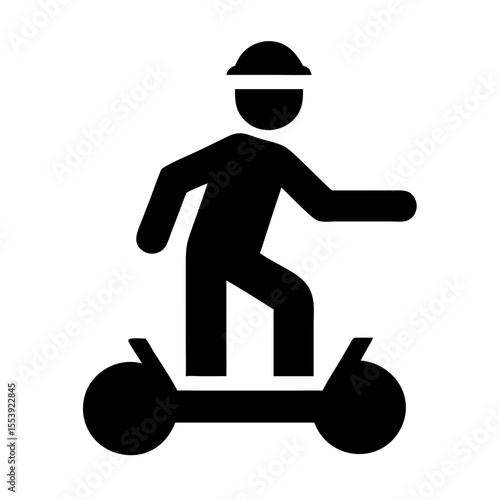 Builder Wearing Hard Hat and Work Boots Riding Hoverb in Construction Area