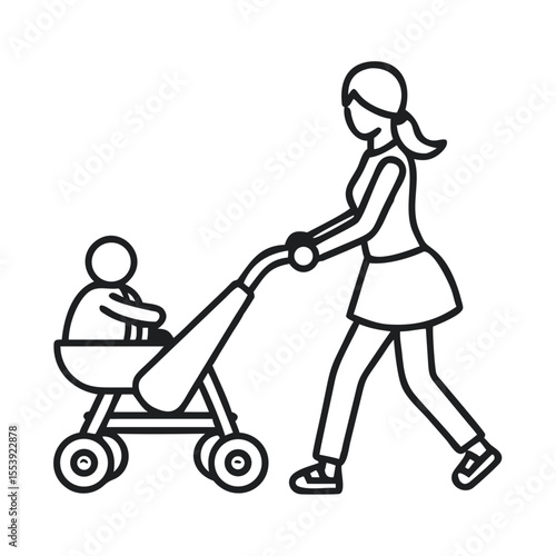 Mom Pushes Stroller While Walking on a Sunny Day in the Park