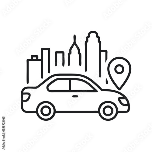 Vector Silhouette of Urban Ride Sharing With a City Skyline and Location Pin