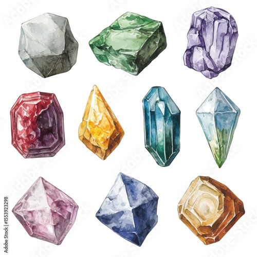 Curse-Lifting Crystals, watercolor painting vector, isolated on a white background.