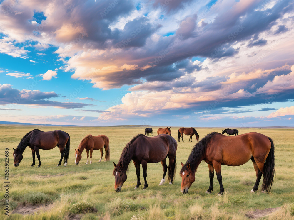 Fototapeta premium Wild horses grazing in open field under dramatic sunset sky