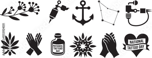 Tattoo machine anchor constellation ink bottle and floral icons vector