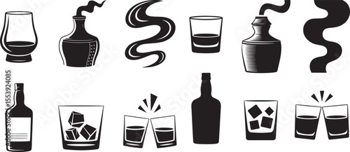 Black and white icons of whiskey bottles glasses and smoke drink alcohol