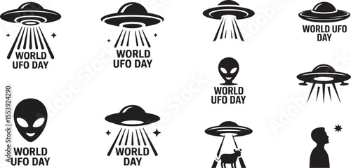 Black silhouette icons of flying saucers aliens and cow abduction for World U F O Day vector