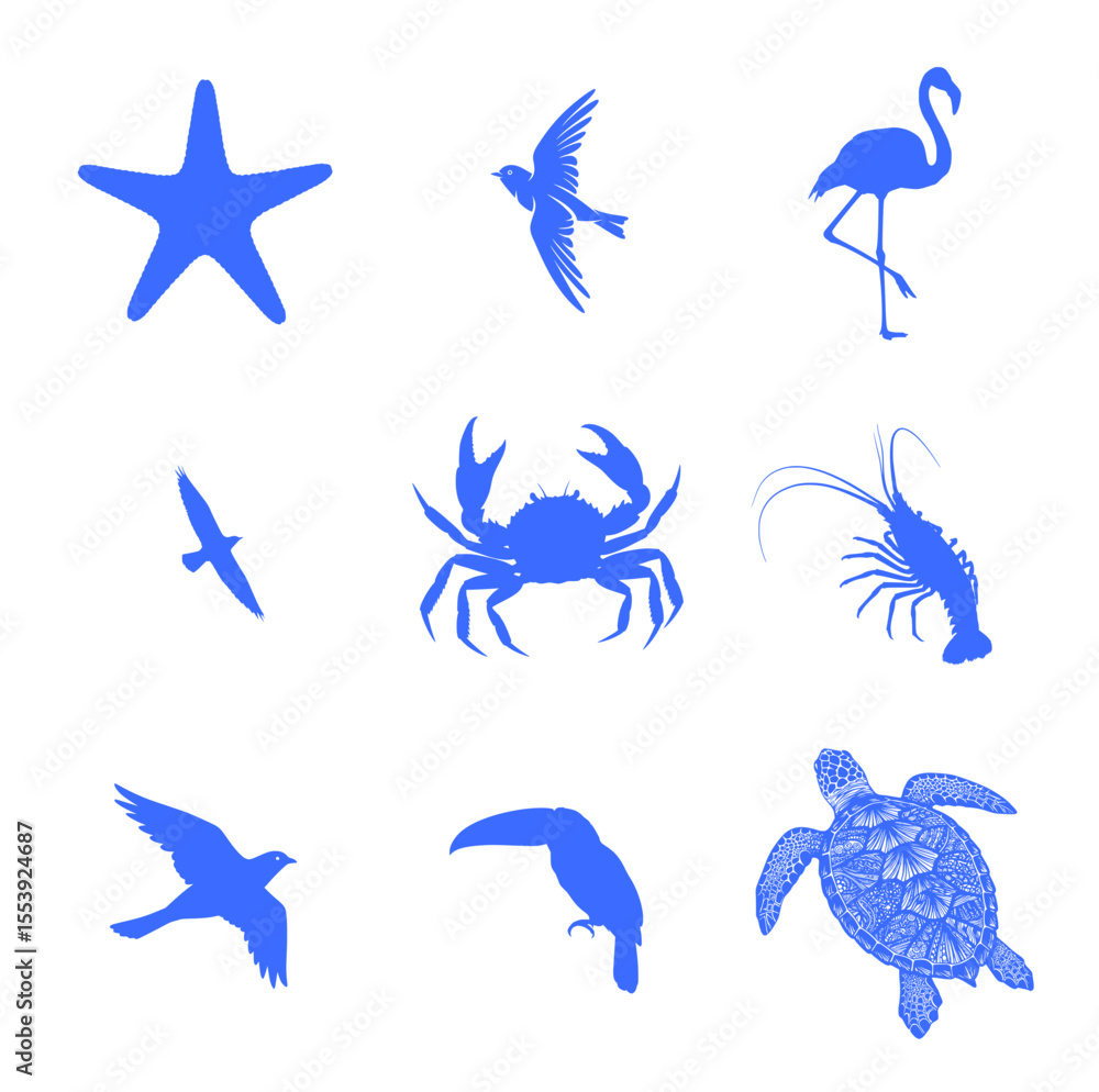 Fototapeta premium Nine blue silhouettes of various animals including marine life and birds.