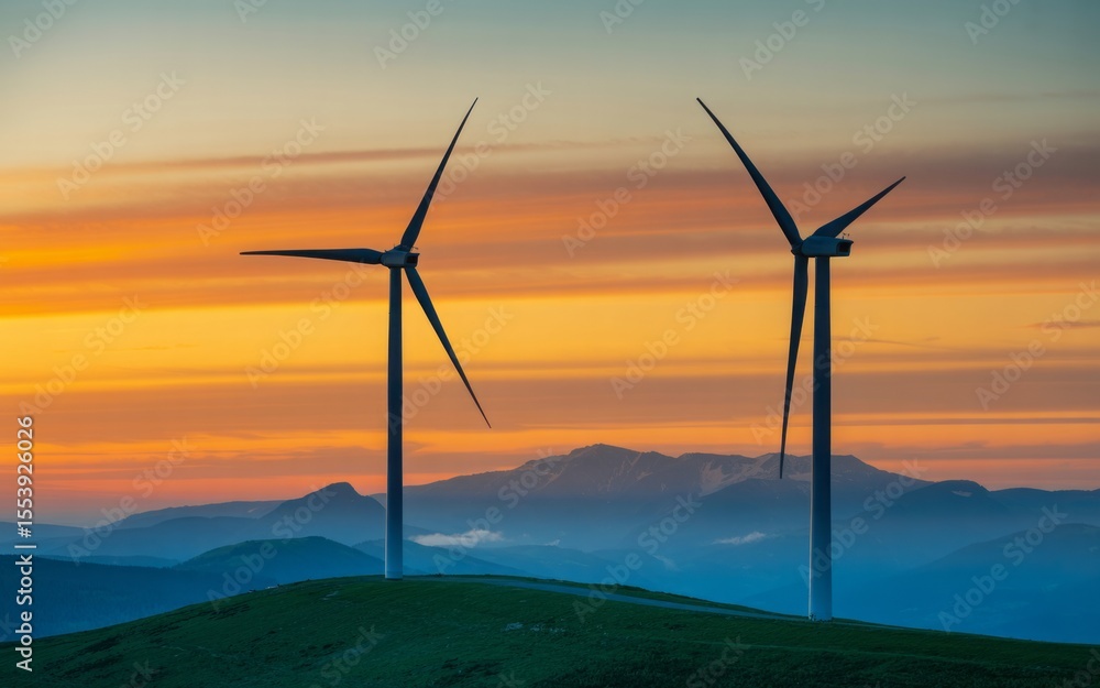 Obraz premium Wind turbines stand tall at sunset, generating clean energy, against mountain silhouettes and an orange tinted sky.