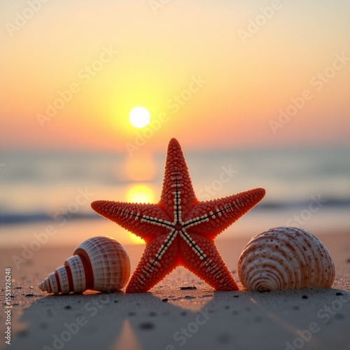 Primer plano estrella de mar concha y caracola sobre la arena de una playa con el mar y un atardecer de fondo