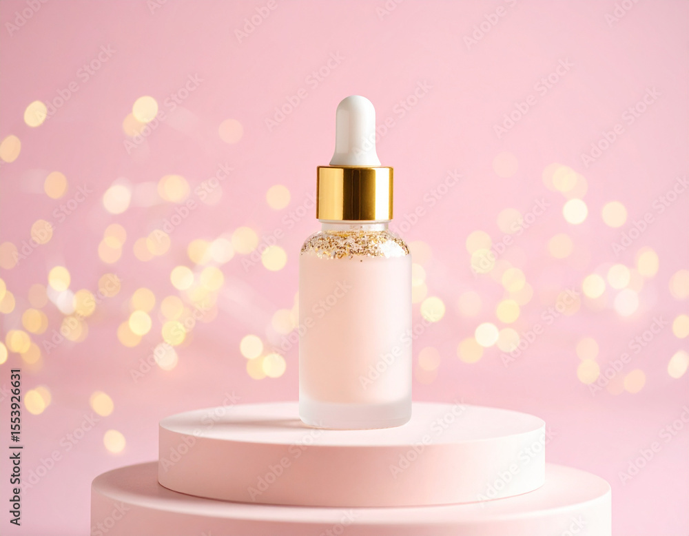 Delicate pastel cosmetic dropper bottle adorned with sprinkle of glitter sits elegantly on soft pink pedestal, creating dreamy and enchanting atmosphere Delicate pastel cosmetic dropper bottle adorned with sprinkle of glitter sits elegantly on soft pink pedestal, creating dreamy and enchanting atmosphere