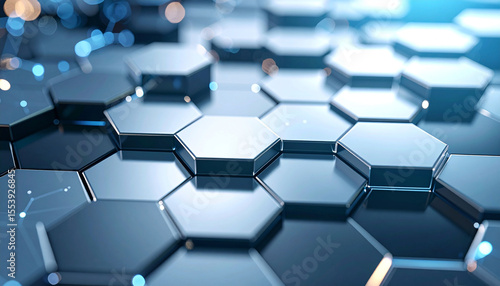 Abstract 3D rendering of a metallic hexagonal grid with connecting nodes and bokeh highlights, displaying depth and reflective surfaces