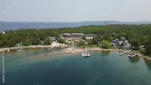 Aerial drone footage of Tobermory harbour marina Ontario Canada
