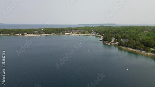 Aerial drone footage of Tobermory harbour marina Ontario Canada