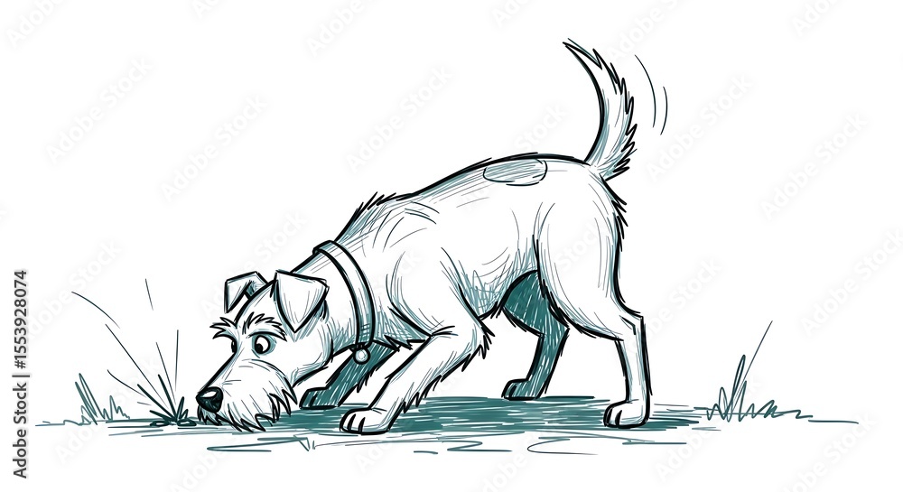 Obraz premium Cartoon Dog Sniffing: Adorable Terrier with Wagging Tail Investigating Ground in a Hand-Drawn Style Illustration Perfect for Children's Books and Pet Product Ads