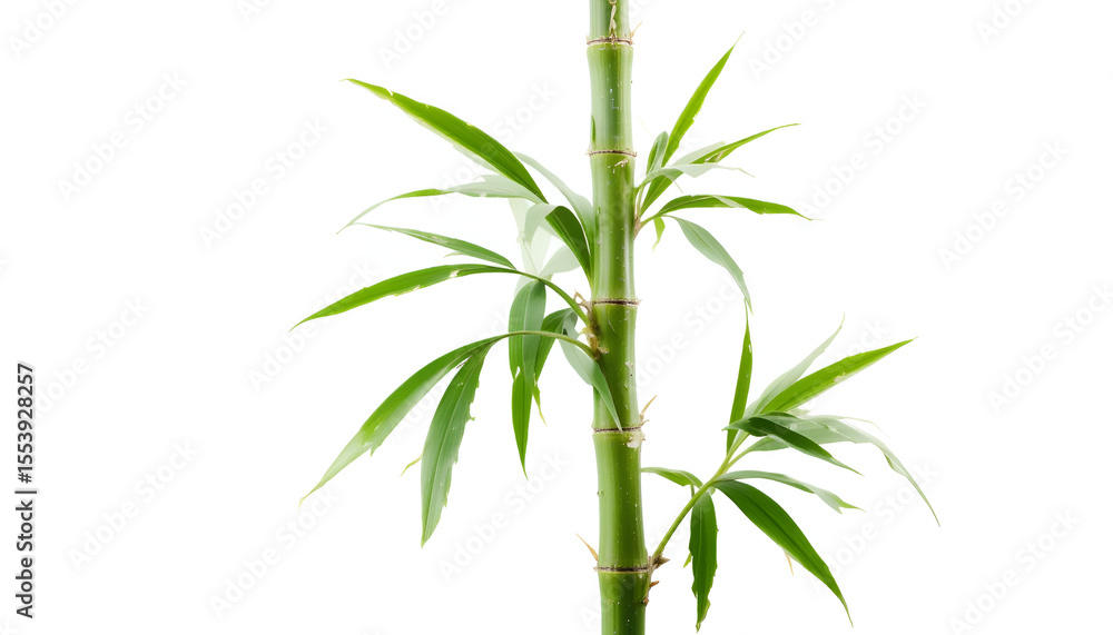 Obraz premium Fresh green bamboo stalk isolated against a white background, showcasing its vibrant color and natural texture for wellness or design projects.