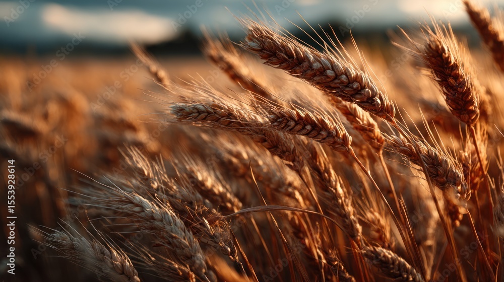 Fototapeta premium Golden wheat field at sunset, agriculture landscape under sunlight farming