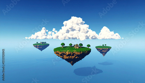 Fototapeta Naklejka Na Ścianę i Meble -  Three low-poly, grassy islands float serenely beneath fluffy white clouds in a vibrant blue sky; a minimalist, idyllic scene