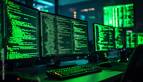 AI Code on Black Terminal Screen in Dark Room. AI themed Background. Generated Image