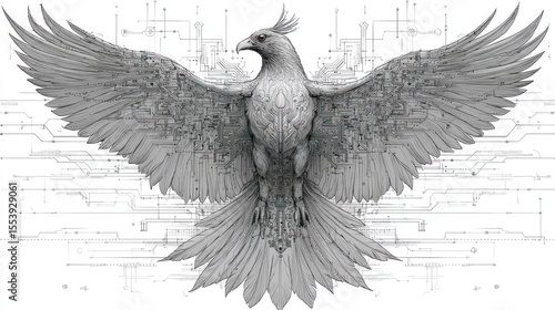 Technological marvel: A phoenix reimagined as a fusion of nature and circuit boards