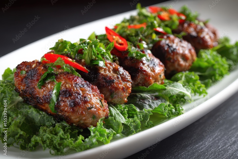 Tender lamb kofta kebab seasoned with spices topped with herbs and chili resting on fresh kale on a white plate against a dark backdrop viewed up close in a horizontal format Tender lamb kofta kebab seasoned with spices topped with herbs and chili resting on fresh kale on a white plate against a dark backdrop viewed up close in a horizontal format