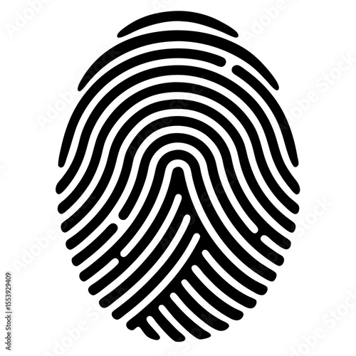 Black silhouette of a detailed fingerprint icon with curved ridge patterns representing biometric security identity authentication digital access forensic analysis privacy and personal identification 
