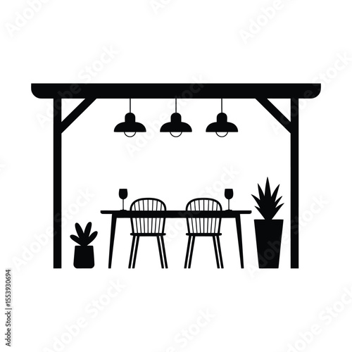 Outdoor dining area with table chairs wine glasses and hanging lights under a pergola