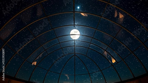 Night sky with bright moon and stars viewed through glass dome  