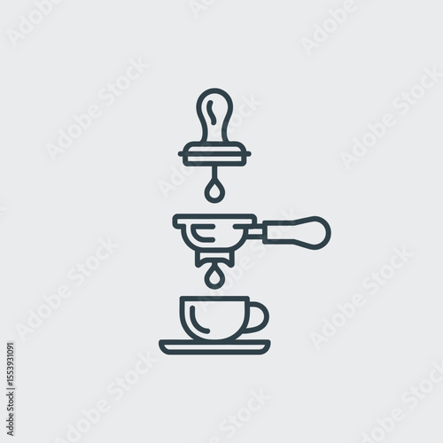 Espresso machine brewing coffee into a cup with a portafilter and tamper