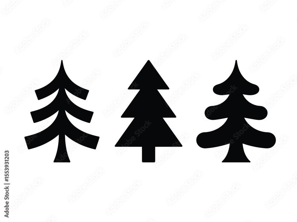 Fototapeta premium Three Black Stylized Christmas Trees on White Background