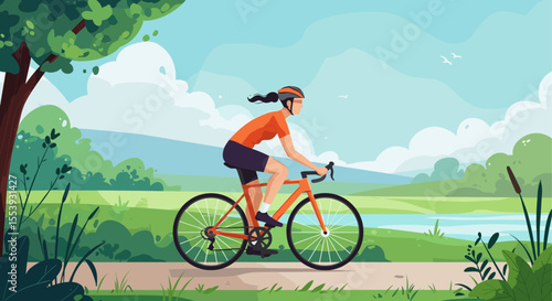 Woman cycling on a path outdoors in nature