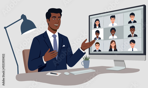 Businessman leading online video conference meeting