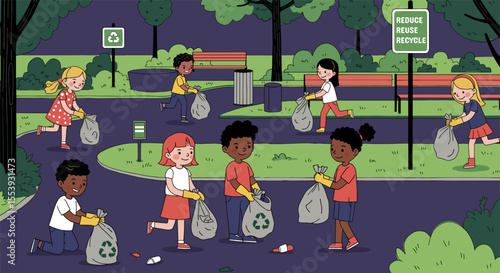 Diverse children cleaning up park for recycling