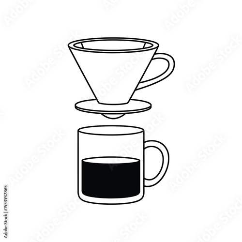 Simple line drawing of a pour over coffee maker above a mug of coffee