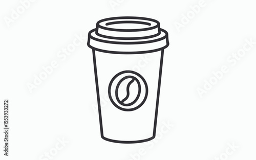 Simple black and white line art illustration of a disposable coffee cup with a coffee bean logo