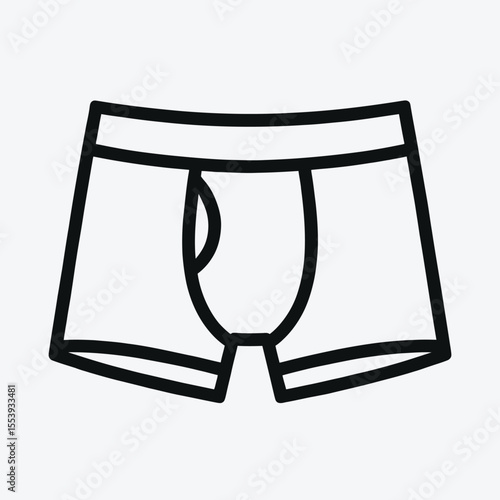 Simple black line art icon of men s boxer briefs on a light gray background
