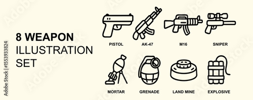 Weapon Illustration Vector Set with Pistols Rifles Grenades Land Mine and Explosive