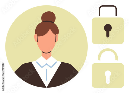 Female portrait in formal attire beside secured and unlocked padlocks. Ideal for privacy protection, user authentication, data security, access control, identity verification, cybersecurity, simple